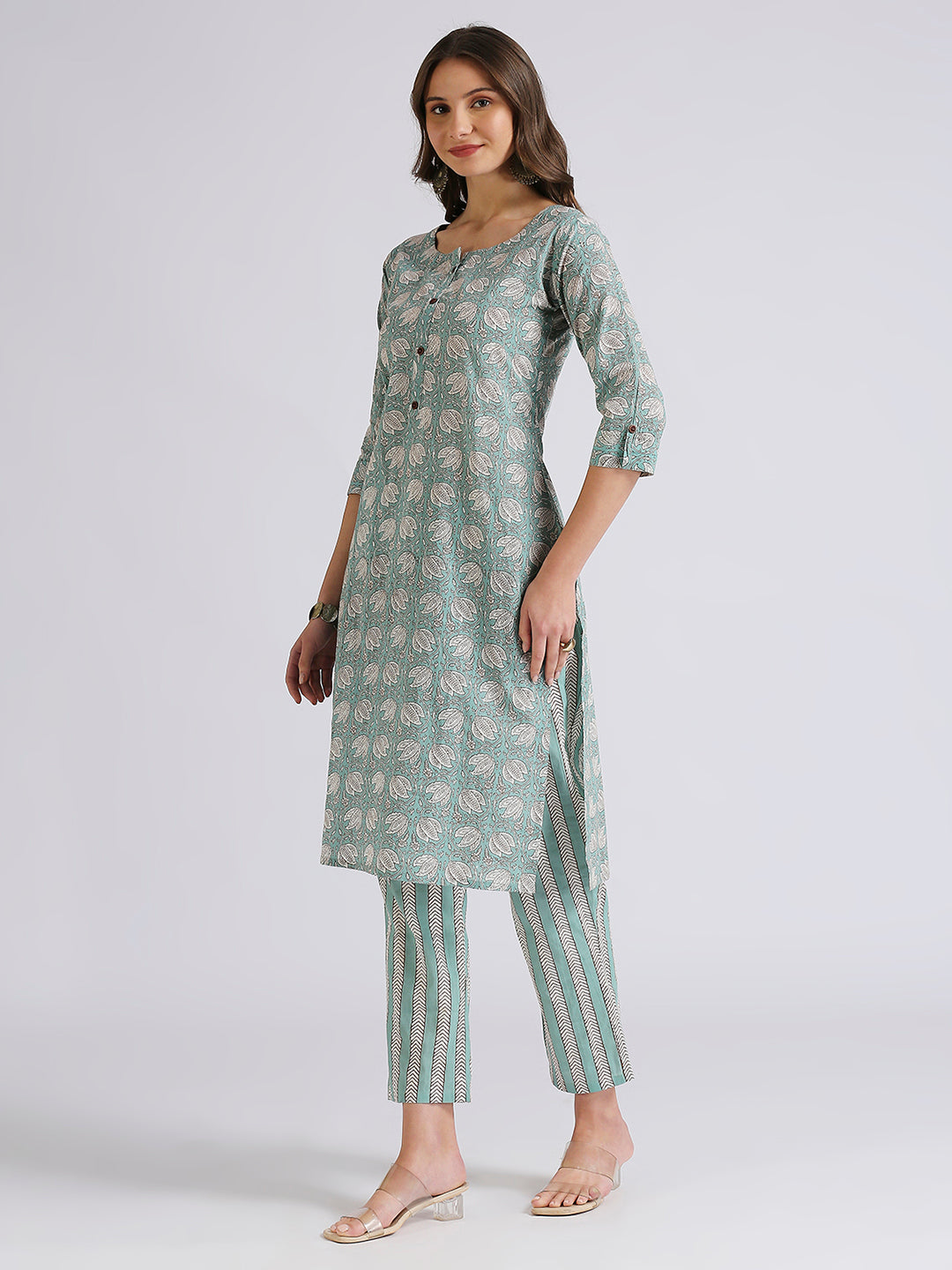 Mint green block printed top and bottom