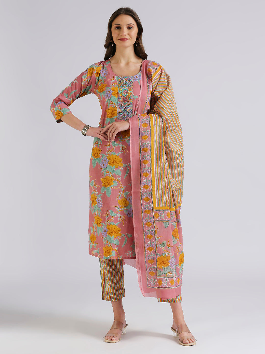 Embroidery floral printed top bottom dupatta